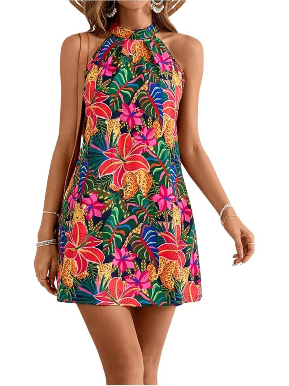 Women's Pink Floral Print Short Dress Sleeveless Halter Neck A Line Sundress